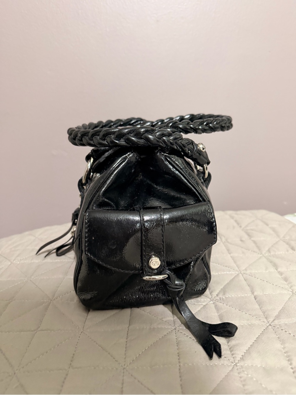 Francesco Biasia Black Patent Leather Braided-Handle Satchel - Picture 5 of 16